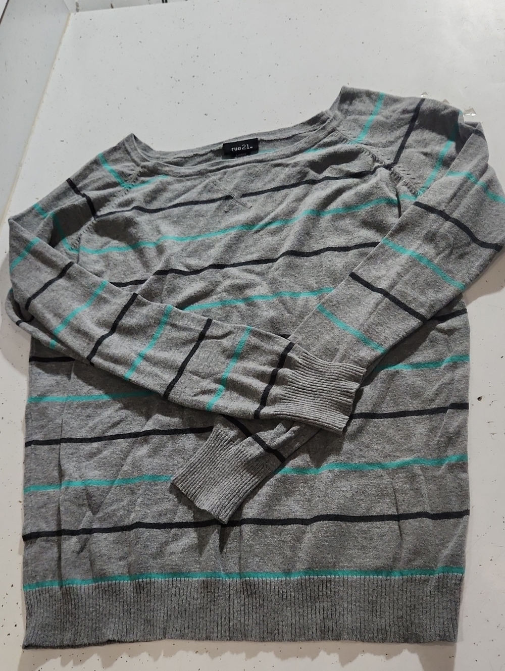 Rue21 Gray Crewneck Sweater with Teal and Black Stripes